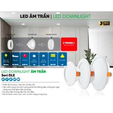 Đèn Led Downlight âm trần nhựa DLE MPE 6-18W, đổi 3 màu 3.000-6.500K - Giá ưu đãi 61.857₫