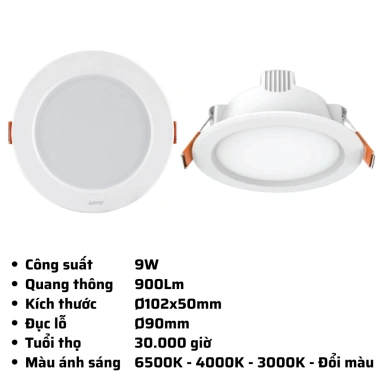 Đèn Led Downlight âm trần nhựa DLE MPE 6-18W, đổi 3 màu 3.000-6.500K - Giá ưu đãi 61.857₫