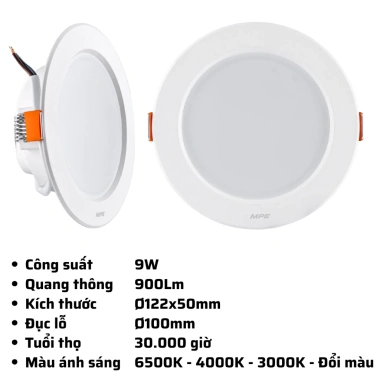 Đèn Led Downlight âm trần nhựa DLE MPE 6-18W, đổi 3 màu 3.000-6.500K - Giá ưu đãi 61.857₫