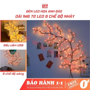 Đèn LED hoa anh đào dán tường 1m6, 72 bông nhấp nháy ánh sáng lung linh - 59k