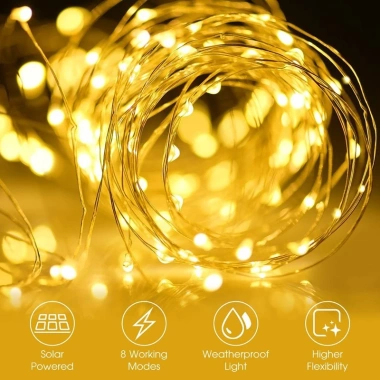Đèn LED năng lượng mặt trời 12m 100LED, 8 chế độ, chịu nước - Fairy Lights cho vườn, Giáng sinh, Năm mới, quà tặng 7