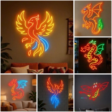 Đèn LED Neon Rồng Phượng Treo Tường - Trang Trí Quán Ăn, Nhà Hàng, Kèm Nguồn & Miếng Dán