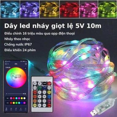 Đèn LED nháy nhạc 10M hình giọt lệ 16 triệu màu, USB, điều khiển app trang trí cây thông
