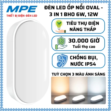 Đèn LED ốp nổi oval 3in1 BHO 6W/12W - 3 màu Trắng 6.500K Trung 4.000K Vàng 3.000K, 143.000₫