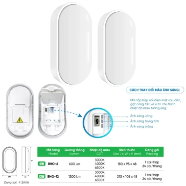 Đèn LED ốp nổi oval 3in1 BHO 6W/12W - 3 màu Trắng 6.500K Trung 4.000K Vàng 3.000K, 143.000₫