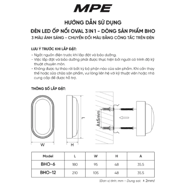 Đèn LED ốp nổi oval 3in1 BHO 6W/12W - 3 màu Trắng 6.500K Trung 4.000K Vàng 3.000K, 143.000₫