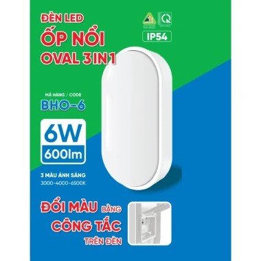 Đèn LED ốp nổi oval 3in1 BHO 6W/12W - 3 màu Trắng 6.500K Trung 4.000K Vàng 3.000K, 143.000₫