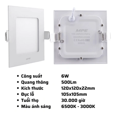 Đèn LED Panel âm trần MPE SPL 6-24W, ánh sáng trắng, tản nhiệt nhanh, 100.813₫