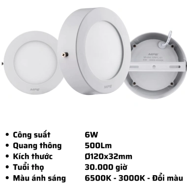 Đèn LED Panel ốp nổi MPE SRPL SSPL 6-24W, 6.500K Trắng/3.000K Vàng, Đổi 3 màu - Giá chỉ 110.765₫ 10