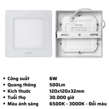 Đèn LED Panel vuông ốp nổi MPE SSPL 6-24W - Trắng 6.500K, Vàng 3.000K, Đổi 3 màu - Giá ưu đãi 113.365₫