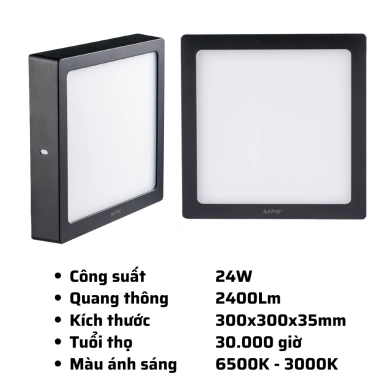 Đèn LED Panel Vuông ốp nổi SSPLB2 12-24W, vỏ nhựa, 6.500K Trắng/3.000K Vàng, giá ưu đãi 107.038 VND