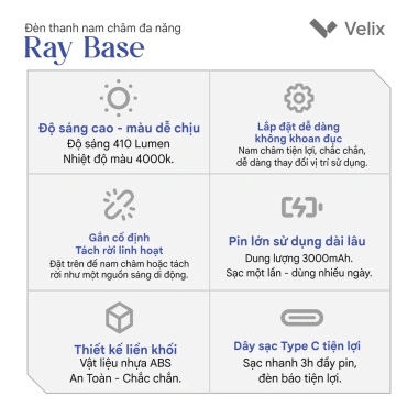 Đèn LED thanh không dây gắn nam châm 40cm Velix Ray Base – 10W 410 Lumen 3.000mAh – Giá 320.000₫ 7 Đèn LED thanh không dây gắn nam châm 40cm Velix Ray Base – 10W 410 Lumen 3.000mAh – Giá 320.000₫ 7