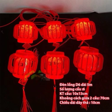 Đèn Lồng LED Treo Tết 5m 6 Bóng Lớn 15cm – Ánh Sáng Lung Linh, Dùng Ngoài Trời