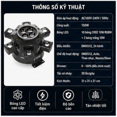Đèn moving 6 cánh mắt ong xoay 360 độ, từ xa bắt nhạc - 1.594.000 VND cho sân khấu 5