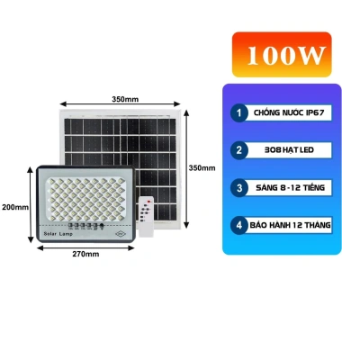 Đèn năng lượng mặt trời 100W chống chói, IP67, kèm remote, bảo hành 12 tháng - Giá ưu đãi 579.000₫