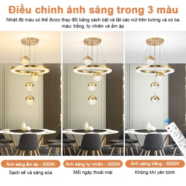 Đèn ốp trần Gogeous chùm 3 vòng - 3 chế độ màu, điều khiển từ xa, phù hợp phòng khách