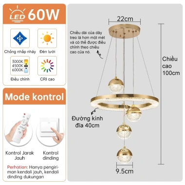 Đèn ốp trần Gogeous chùm 3 vòng - 3 chế độ màu, điều khiển từ xa, phù hợp phòng khách