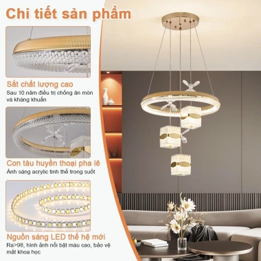 Đèn ốp trần Gogeous chùm 3 vòng - 3 chế độ màu, điều khiển từ xa, phù hợp phòng khách