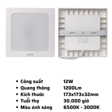 Đèn ốp trần vuông viền trắng SSPL2 12-24W 3.000-6.500K MPE - Giá ưu đãi 133.000VND