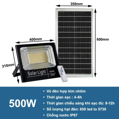 Đèn pha năng lượng mặt trời 500W LED 5.730, chống nước IP67 remote, giá 1.219.000₫