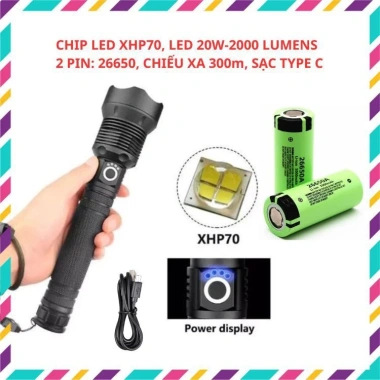 Đèn Pin Siêu Sáng XHP70 2 Pin 26.650 Dung Lượng Cao, LED Báo Pin, Chống Thấm Nước, Zoom - 399k