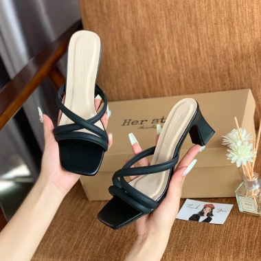 Dép Cao Gót Mũi Vuông 5cm Phối Dây Quai Mảnh Thanh Lịch, Đà Da PU Cao Cấp 3