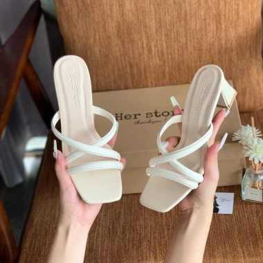 Dép Cao Gót Mũi Vuông 5cm Phối Dây Quai Mảnh Thanh Lịch, Đà Da PU Cao Cấp 6