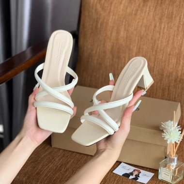 Dép Cao Gót Mũi Vuông 5cm Phối Dây Quai Mảnh Thanh Lịch, Đà Da PU Cao Cấp 7