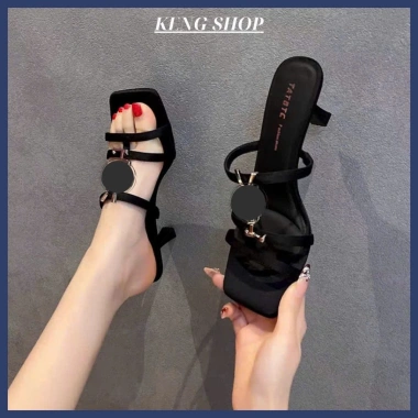 Dép cao gót nữ mũi vuông 2 quai ngang phối charm đính nơ - Thời trang công sở và tiệc, giảm còn 149.000₫