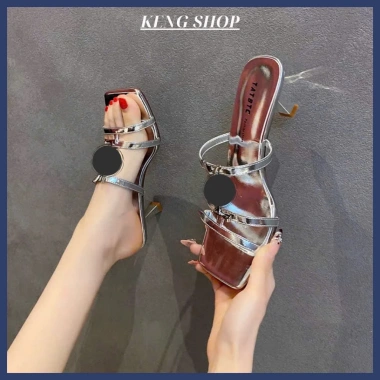 Dép cao gót nữ mũi vuông 2 quai ngang phối charm đính nơ - Thời trang công sở và tiệc, giảm còn 149.000₫