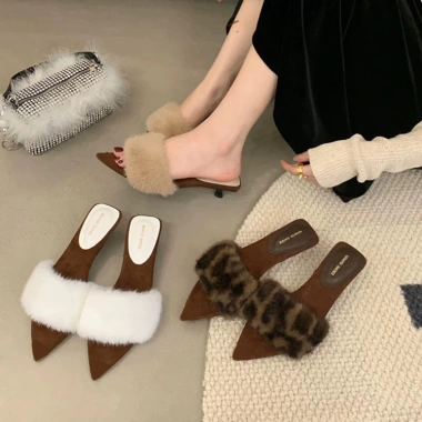 Dép cao gót nữ quai LÔNG nỉ bò mũi nhón sườn, gót 5 phân - Siêu thoải mái, chỉ 206.400đ