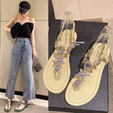 Dép đế bằng nữ Bohemian plus size 36-42, kim cương giả, xỏ ngón xương cá du lịch