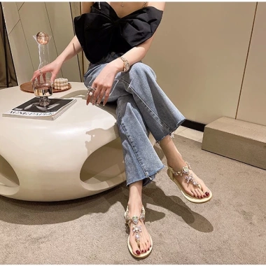 Dép đế bằng nữ Bohemian plus size 36-42, kim cương giả, xỏ ngón xương cá du lịch
