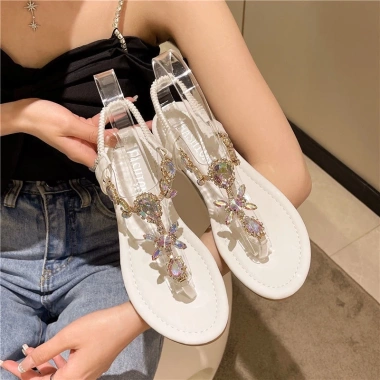 Dép đế bằng nữ Bohemian plus size 36-42, kim cương giả, xỏ ngón xương cá du lịch