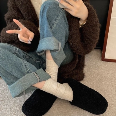 Dép lông đế dày chống trượt nữ, cotton mũi nhọn Birkenstock, tăng chiều cao