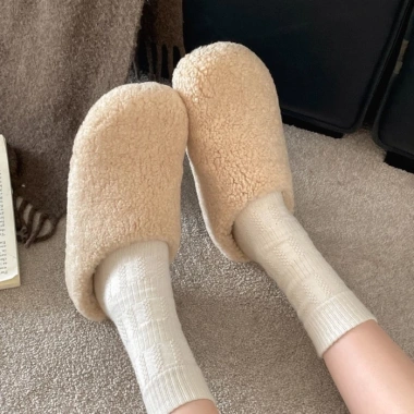 Dép lông đế dày chống trượt nữ, cotton mũi nhọn Birkenstock, tăng chiều cao