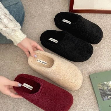 Dép lông đế dày chống trượt nữ, cotton mũi nhọn Birkenstock, tăng chiều cao