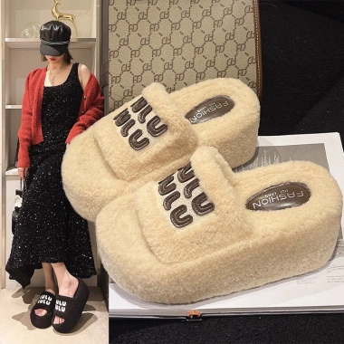 Dép Nữ Tăng Chiều Cao 7cm Phong Cách Mới - Cotton Ấm Đế Dày Chống Trơn Trượt Lông