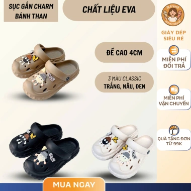 Dép sục nữ bánh than hoạt hình - Đế cao 4cm, chống trơn trượt, trong nhà ngoài trời