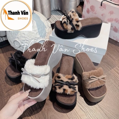 Dép xuồng bánh mì quai lông phối nơ cao 7 phân, 4 màu - giá ưu đãi 210.000 VND