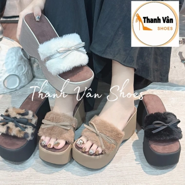 Dép xuồng bánh mì quai lông phối nơ cao 7 phân, 4 màu - giá ưu đãi 210.000 VND