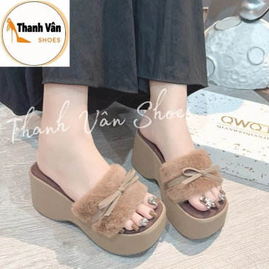 Dép xuồng bánh mì quai lông phối nơ cao 7 phân, 4 màu - giá ưu đãi 210.000 VND