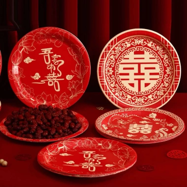 Đĩa giấy dùng một lần đỏ sang trọng cho tiệc cưới, lễ đính hôn, trái cây khô & kẹo - giảm giá 35k