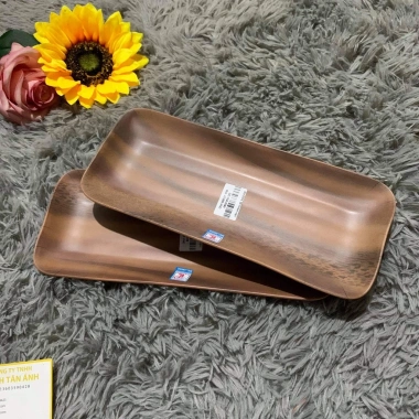Đĩa nhựa dài chữ nhật 38cm melamine Fataco dày, màu nhám ngói, an toàn khi dùng