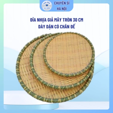 Đĩa nhựa giả mây tre tròn 35cm cao cấp, có chân đế để hoa quả - Giá chỉ 15.000 VND