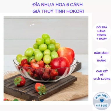 Đĩa nhựa hoa 6 cánh giả thuỷ tinh Hokori trong suốt - Đựng hoa quả, salad, 45k