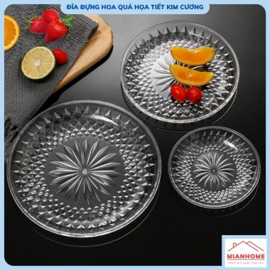 Đĩa nhựa nguyên sinh trong suốt Hokori - Đĩa đựng bánh kẹo, hoa quả, đồ ăn vặt, họa tiết kim cương sang trọng