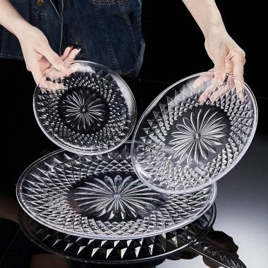 Đĩa nhựa nguyên sinh trong suốt Hokori - Đĩa đựng bánh kẹo, hoa quả, đồ ăn vặt, họa tiết kim cương sang trọng