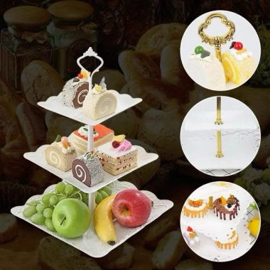 Đĩa nhựa trắng 3 tầng vuông sang trọng - Đựng bánh kẹo, hoa quả - Giá 59.000đ khuyến mãi giảm sâu
