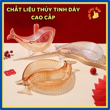 Đĩa Thủy Tinh Cá Song Ngư Hồ Phách Bày Mứt Tết Phong Thủy Quà Biếu Tài Lộc 314DT